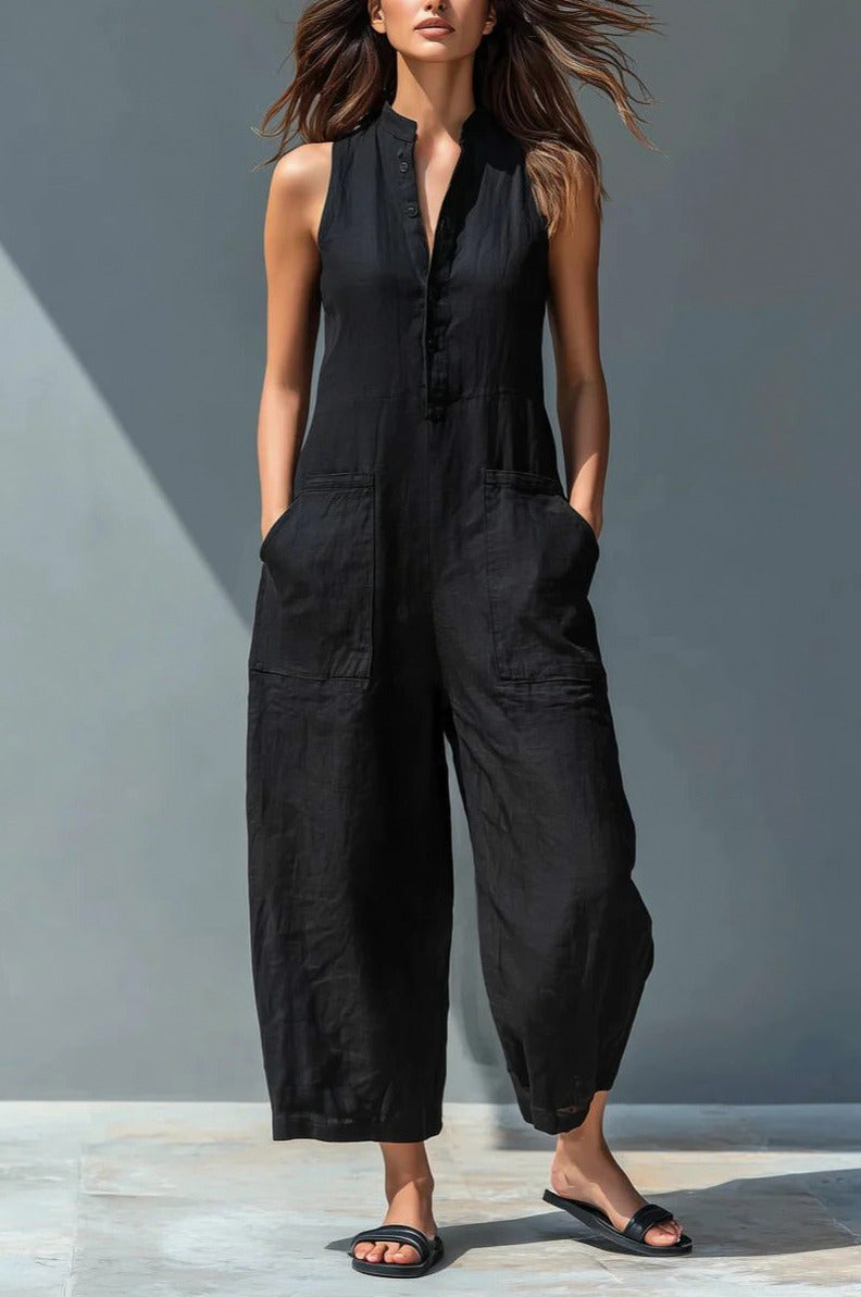 Button Front Wide Leg Jumpsuit