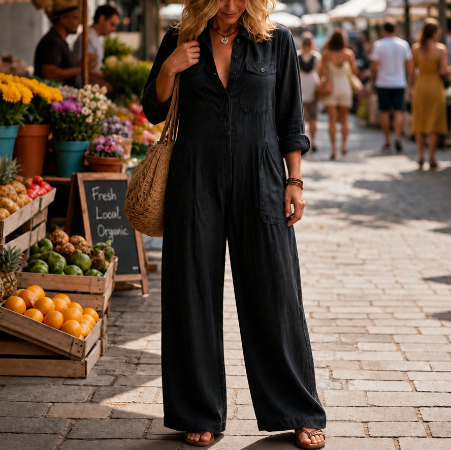 Button Front Wide Leg Jumpsuit