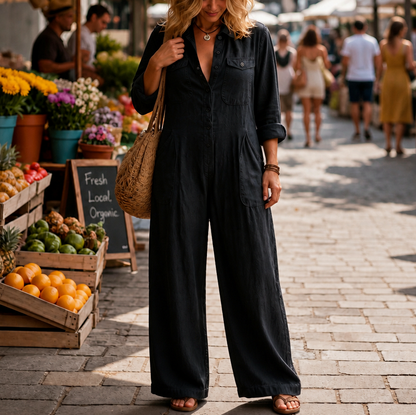 Button Front Wide Leg Jumpsuit