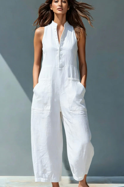 Button Front Wide Leg Jumpsuit