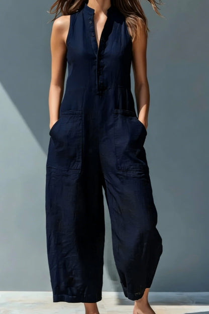 Button Front Wide Leg Jumpsuit