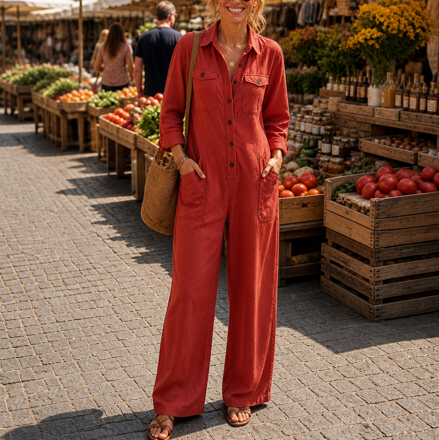 Button Front Wide Leg Jumpsuit