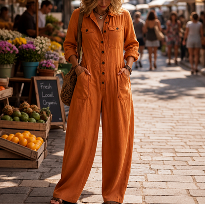 Button Front Wide Leg Jumpsuit