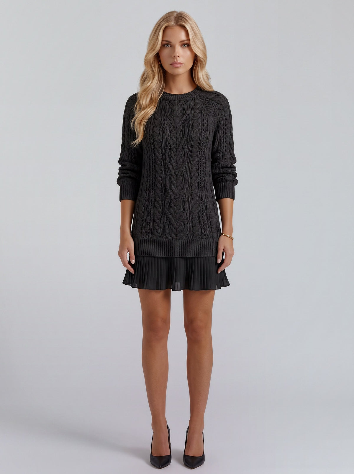 Cable Knit Long Sleeve Pleated Hem Sweater Dress