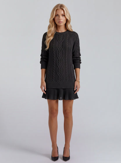 Cable Knit Long Sleeve Pleated Hem Sweater Dress
