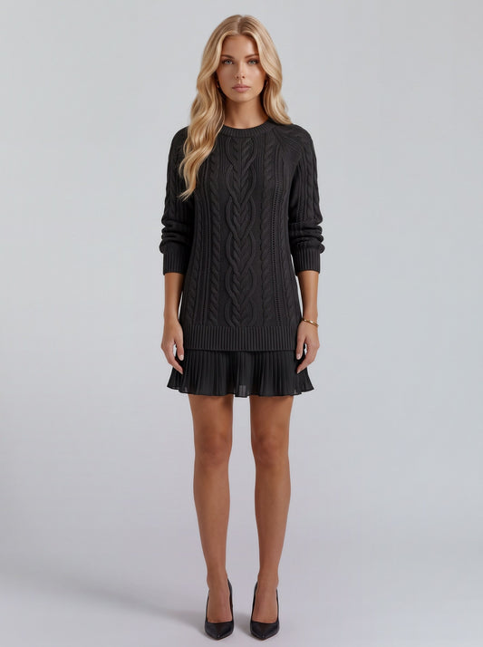 Cable Knit Long Sleeve Pleated Hem Sweater Dress