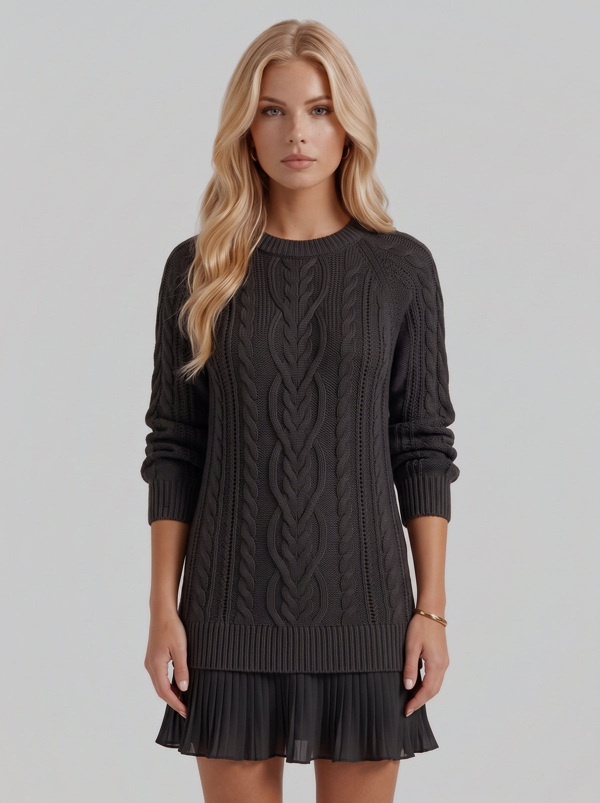 Cable Knit Long Sleeve Pleated Hem Sweater Dress