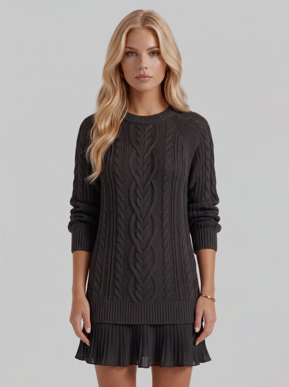 Cable Knit Long Sleeve Pleated Hem Sweater Dress