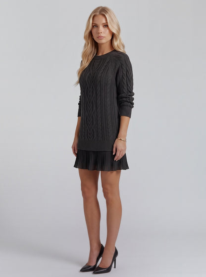 Cable Knit Long Sleeve Pleated Hem Sweater Dress