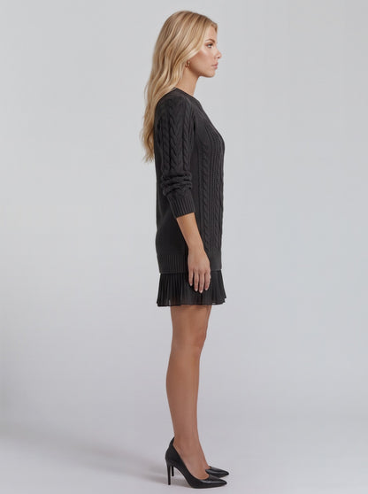 Cable Knit Long Sleeve Pleated Hem Sweater Dress