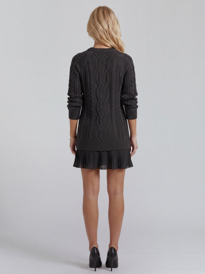 Cable Knit Long Sleeve Pleated Hem Sweater Dress
