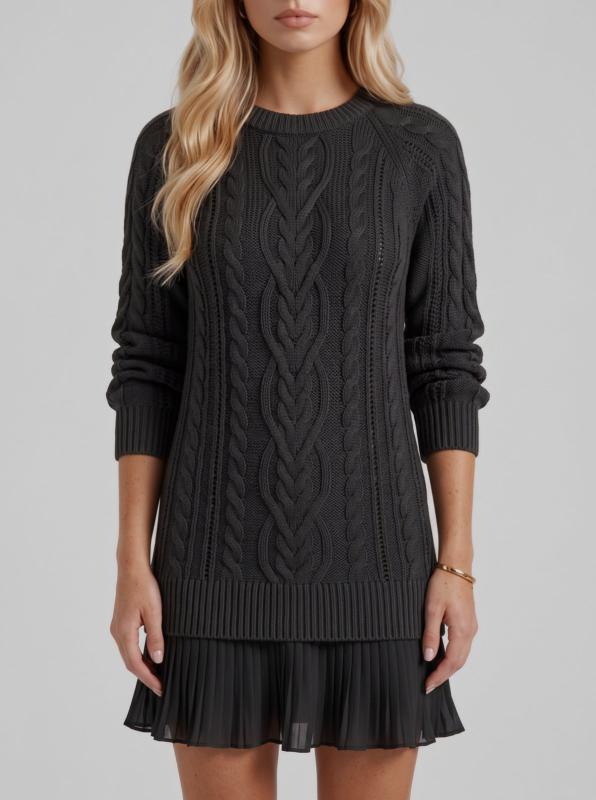 Cable Knit Long Sleeve Pleated Hem Sweater Dress
