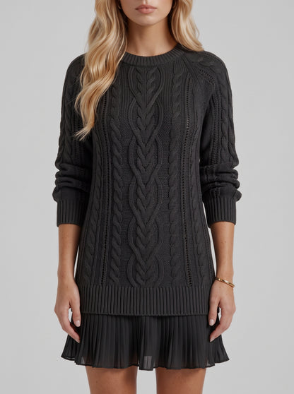 Cable Knit Long Sleeve Pleated Hem Sweater Dress
