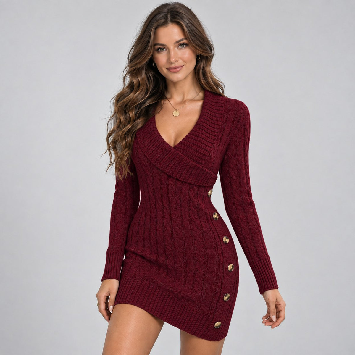 Cable Knit Long Sleeve Shawl Collar Sweater Dress