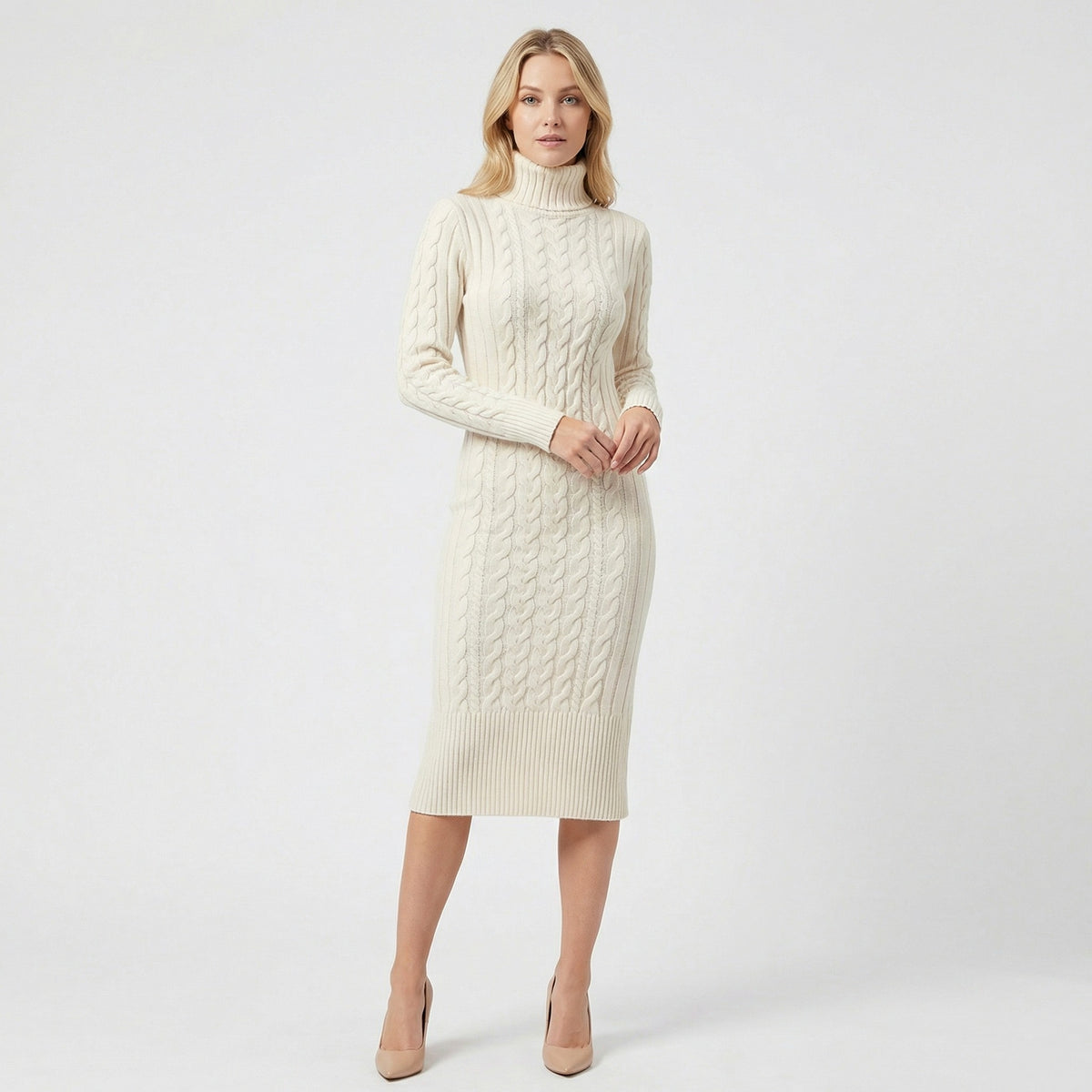 Cable Knit Turtleneck Sweater Dress
