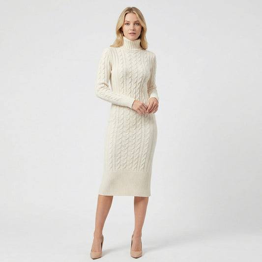 Cable Knit Turtleneck Sweater Dress
