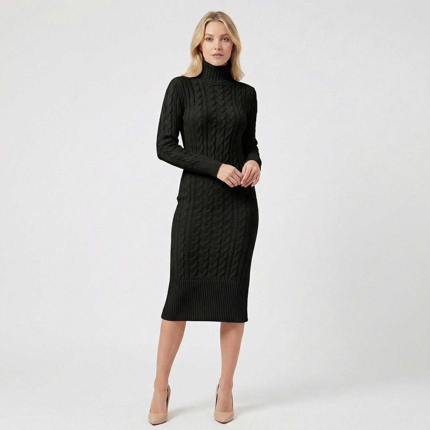 Cable Knit Turtleneck Sweater Dress