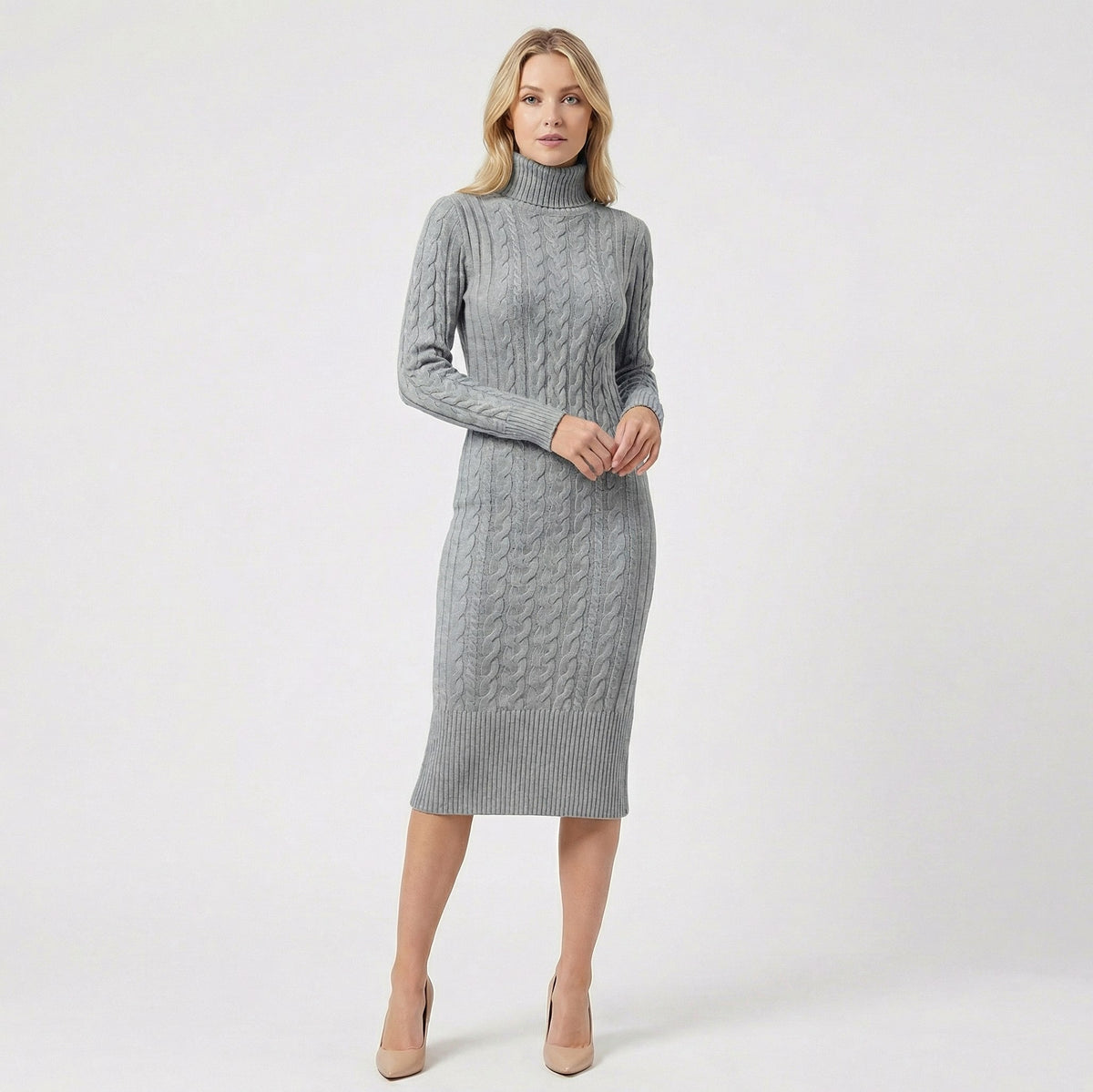 Cable Knit Turtleneck Sweater Dress