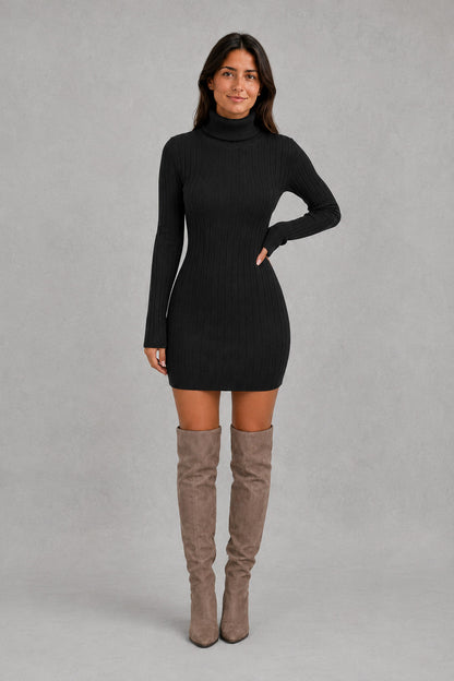Cable Knit Turtleneck Sweater Dress