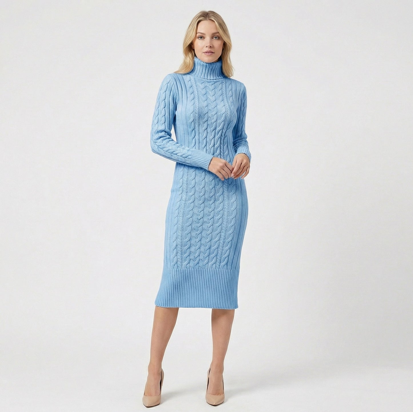 Cable Knit Turtleneck Sweater Dress