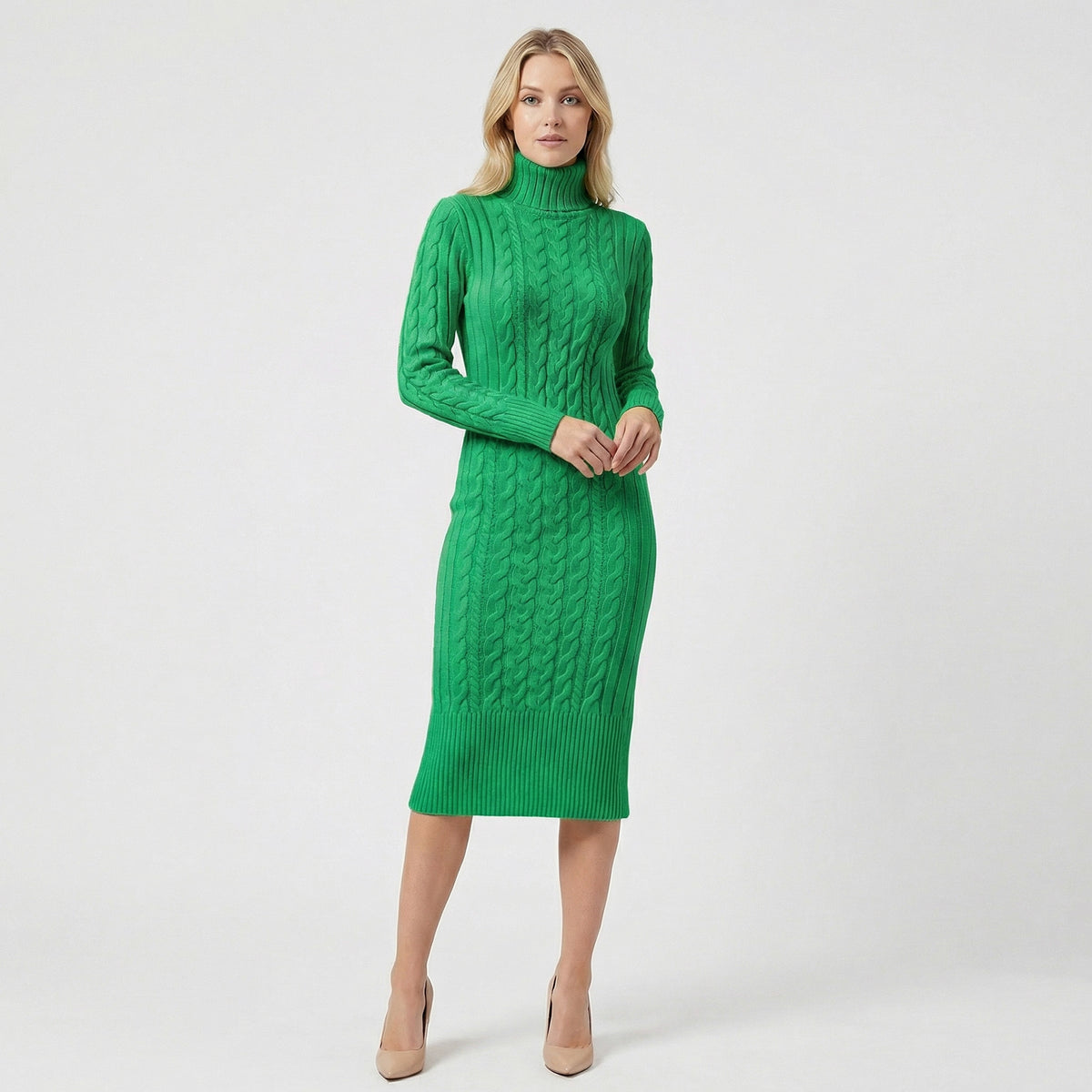 Cable Knit Turtleneck Sweater Dress