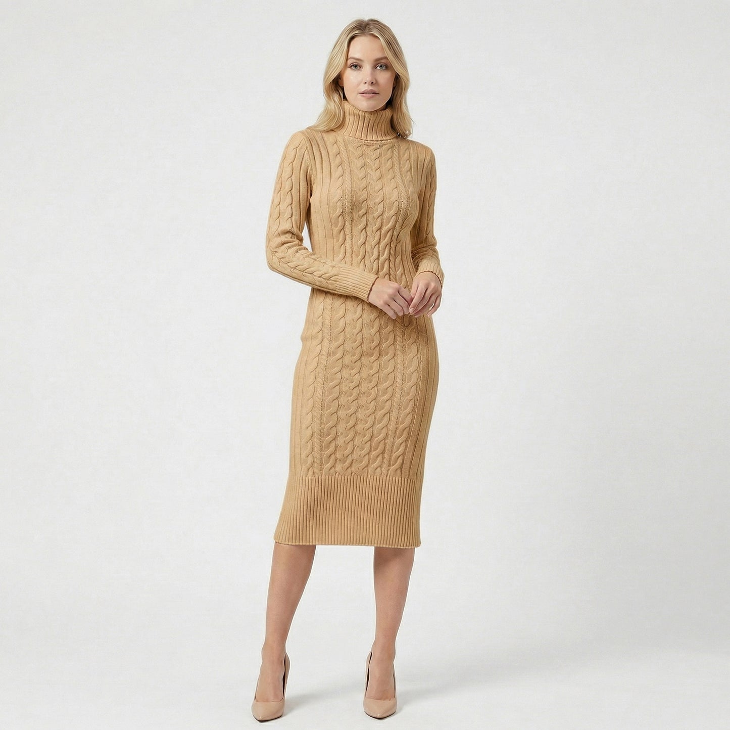 Cable Knit Turtleneck Sweater Dress