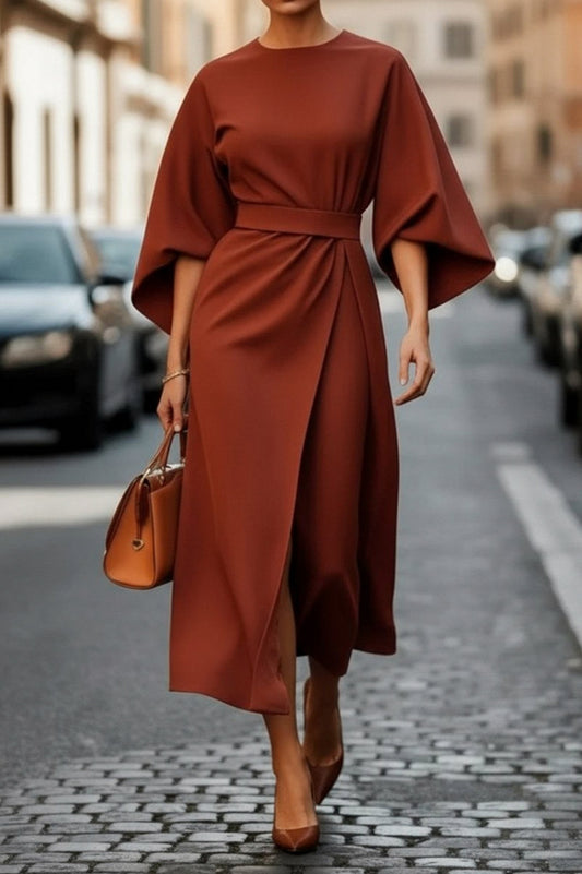 Cape Sleeve Belted Midi Dress