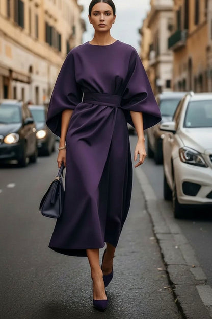 Cape Sleeve Belted Midi Dress