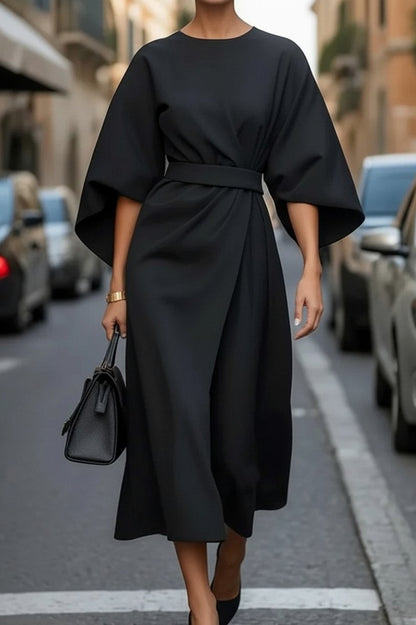Cape Sleeve Belted Midi Dress