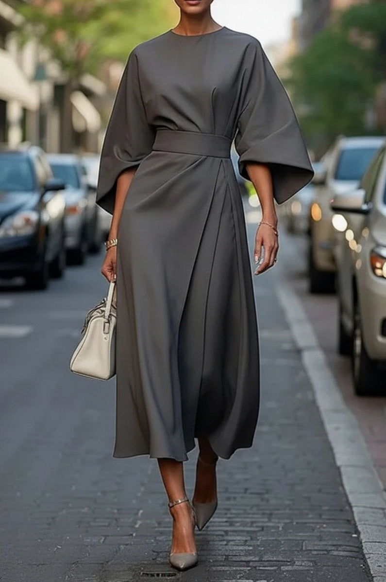 Cape Sleeve Belted Midi Dress