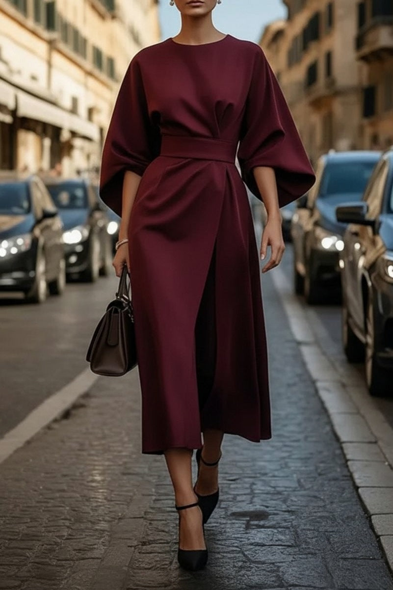 Cape Sleeve Belted Midi Dress
