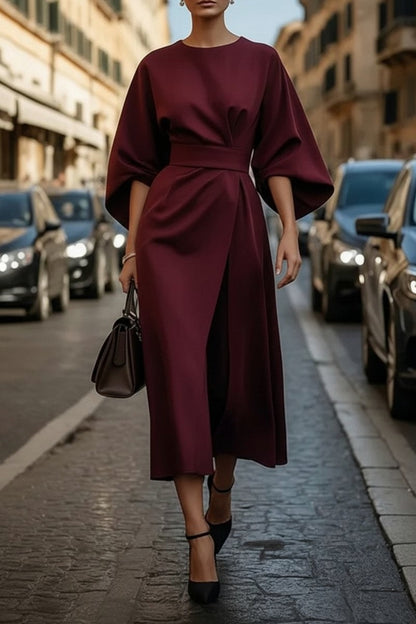 Cape Sleeve Belted Midi Dress