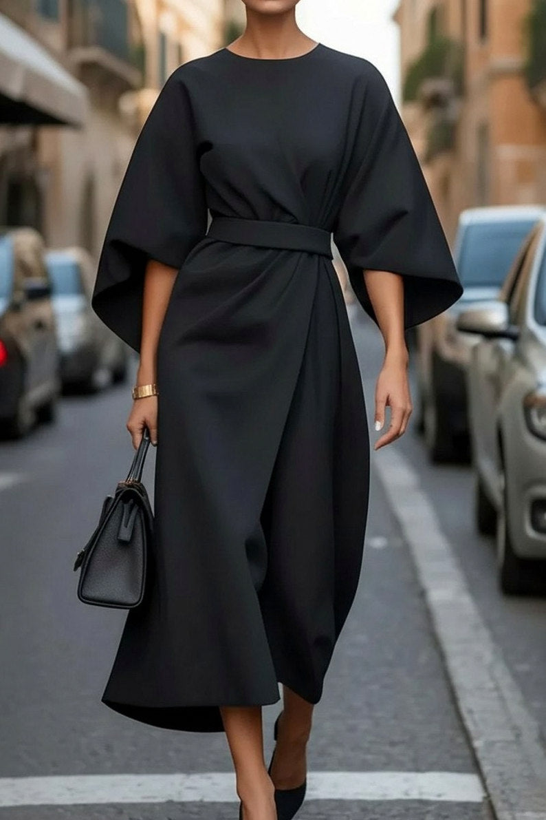 Cape Sleeve Belted Midi Dress