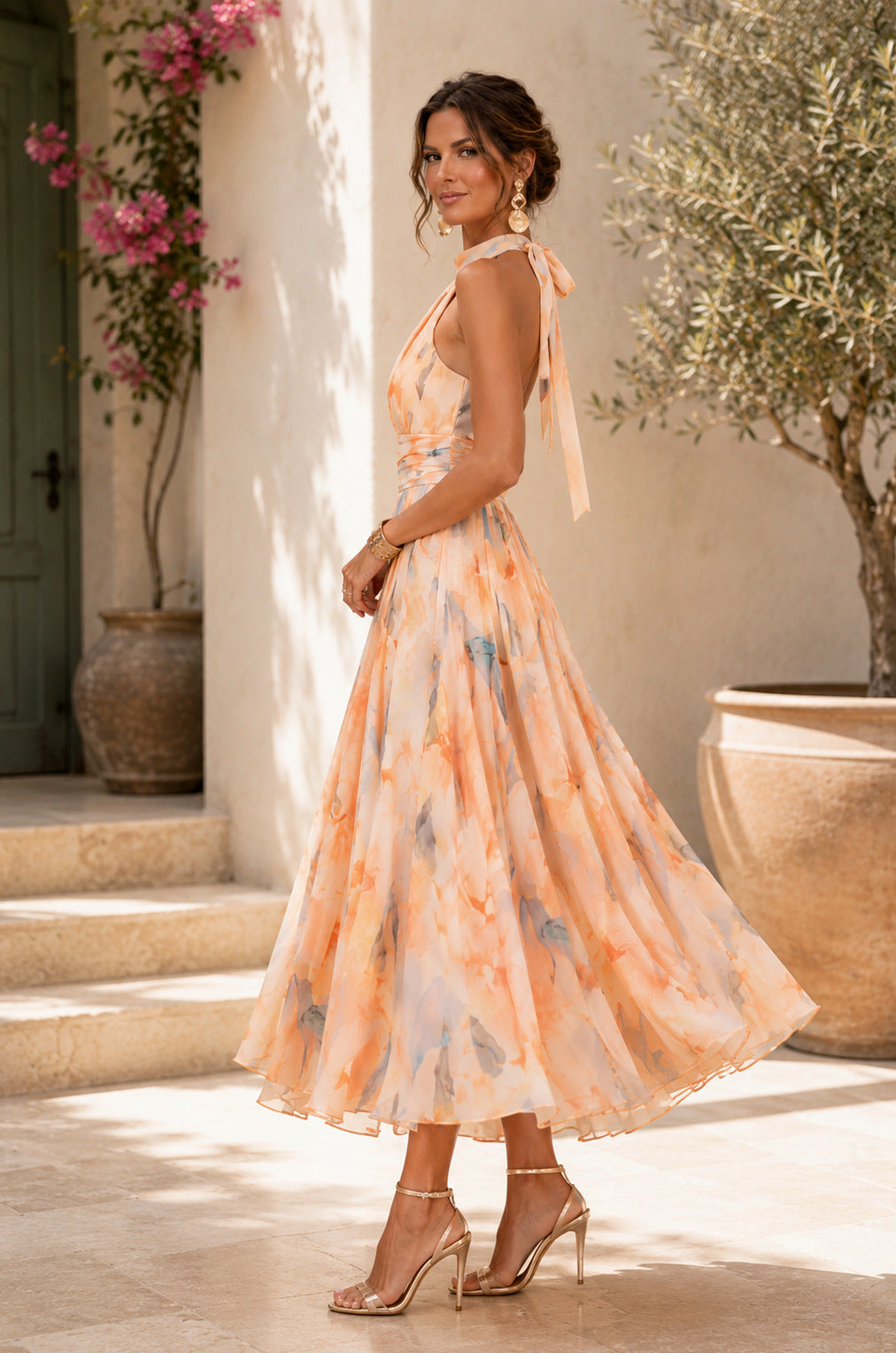 Chiffon Floral Halter Tie Back Maxi Dress