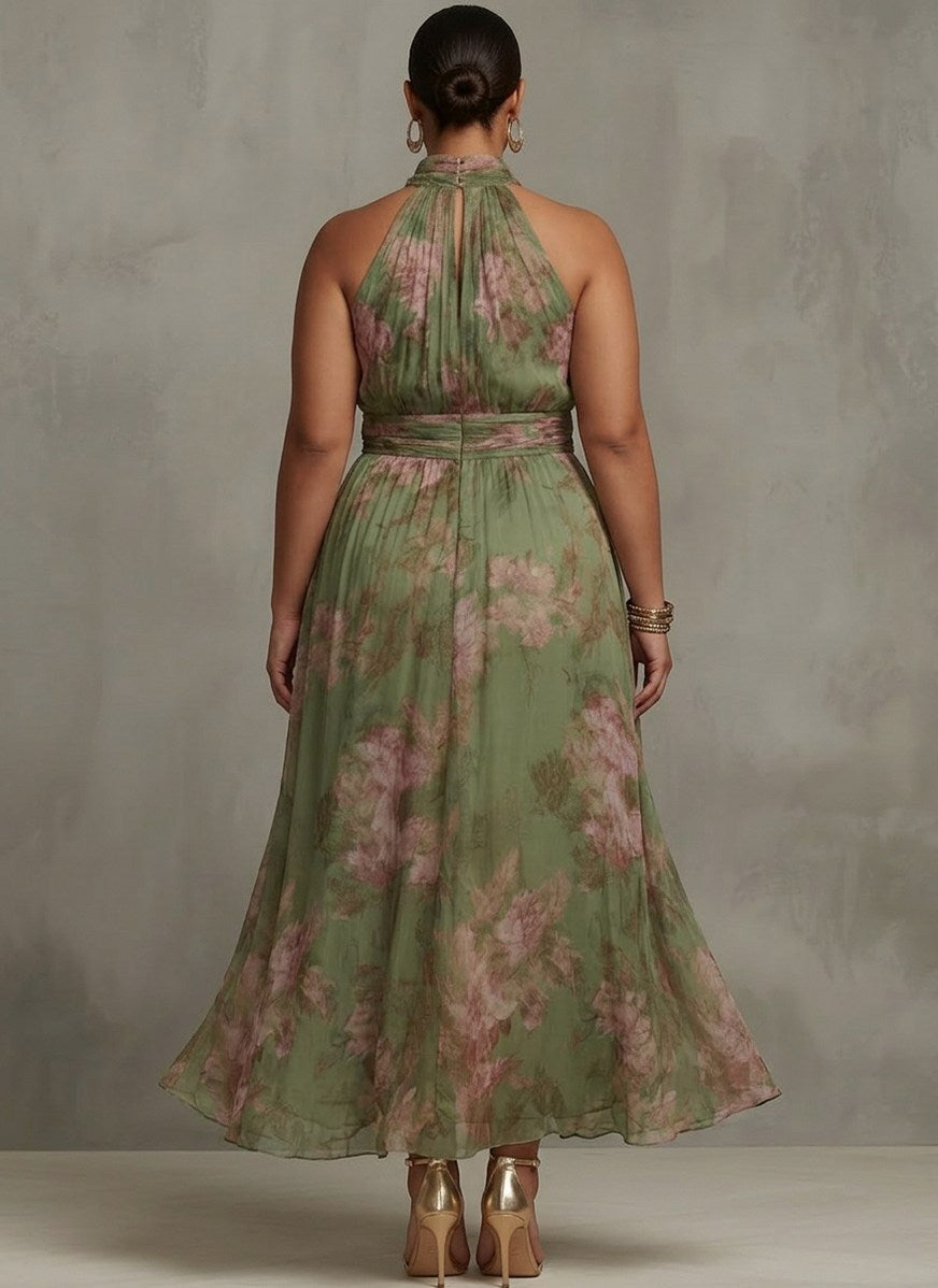 Chiffon Floral Halter Ruched Maxi Dress