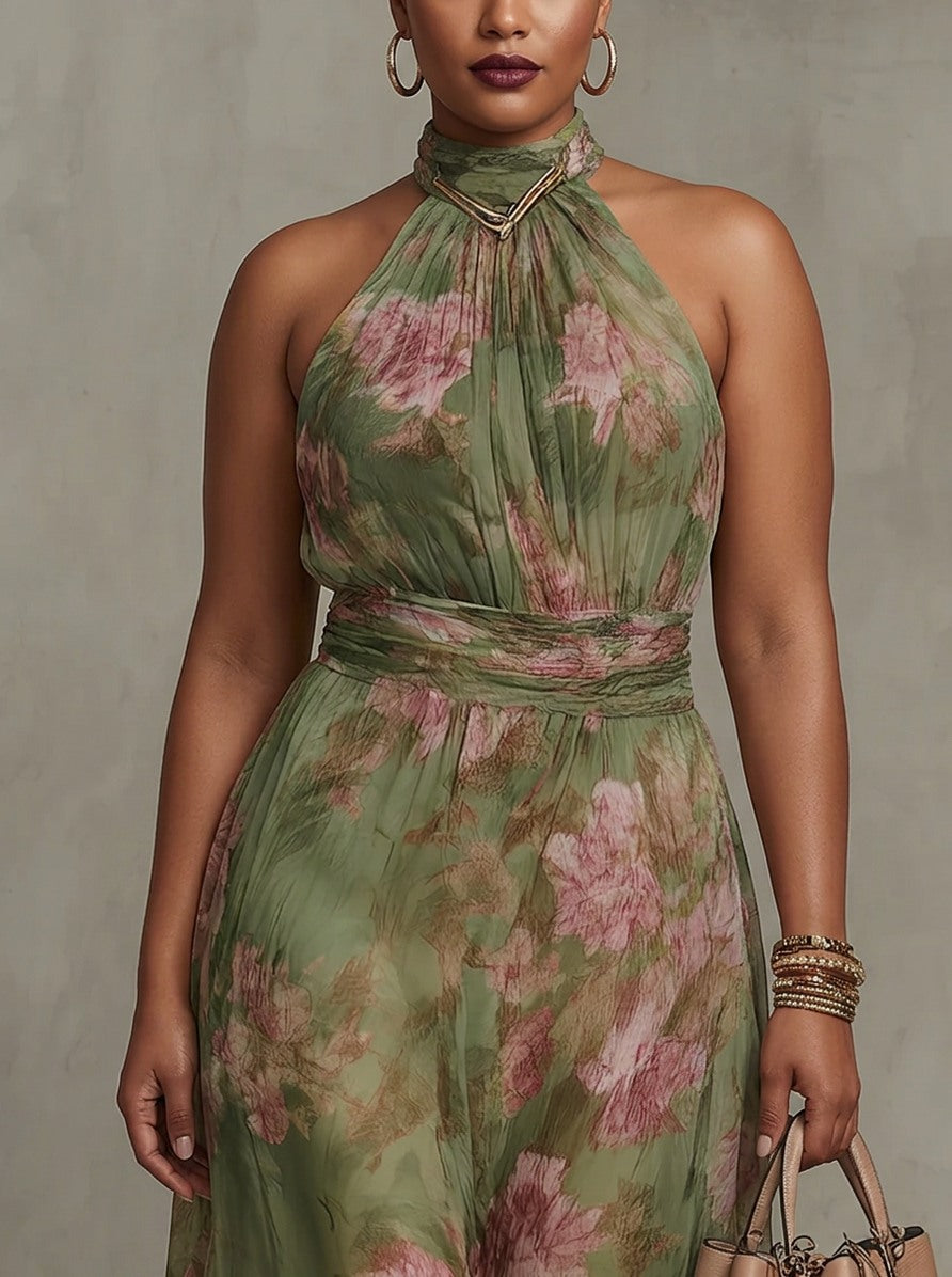 Chiffon Floral Halter Ruched Maxi Dress