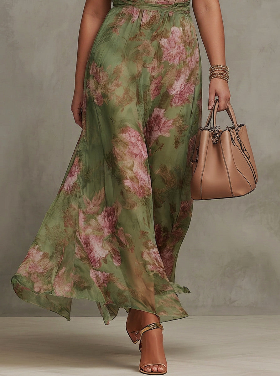 Chiffon Floral Halter Ruched Maxi Dress