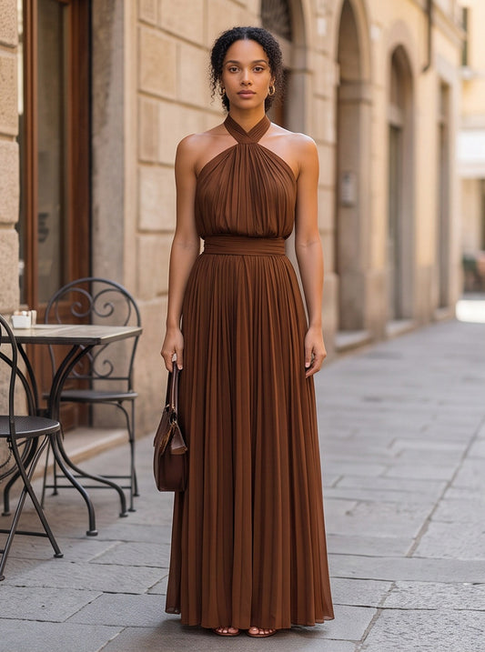 Chiffon Halter Pleated Maxi Dress