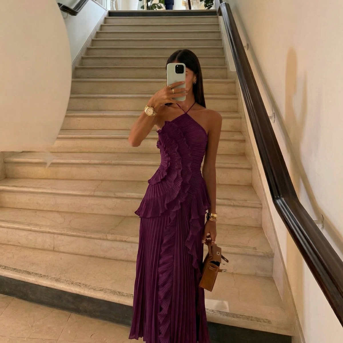 Chiffon Halter Pleated Maxi Dress