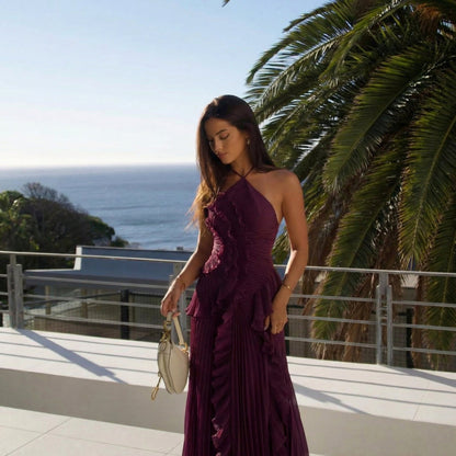 Chiffon Halter Pleated Maxi Dress