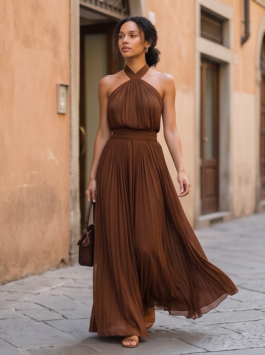 Chiffon Halter Pleated Maxi Dress