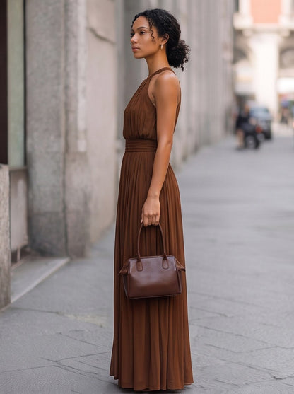 Chiffon Halter Pleated Maxi Dress