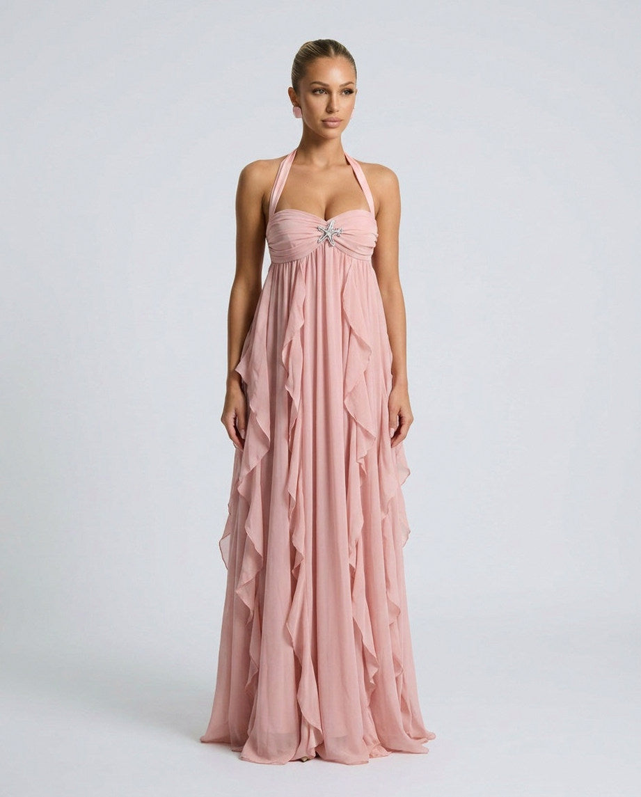 Chiffon Halter Tiered Maxi Dress