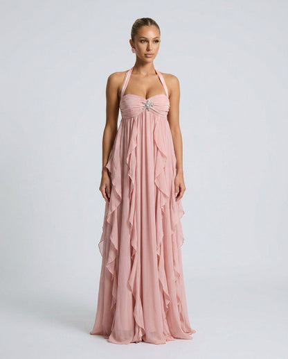 Chiffon Halter Tiered Maxi Dress