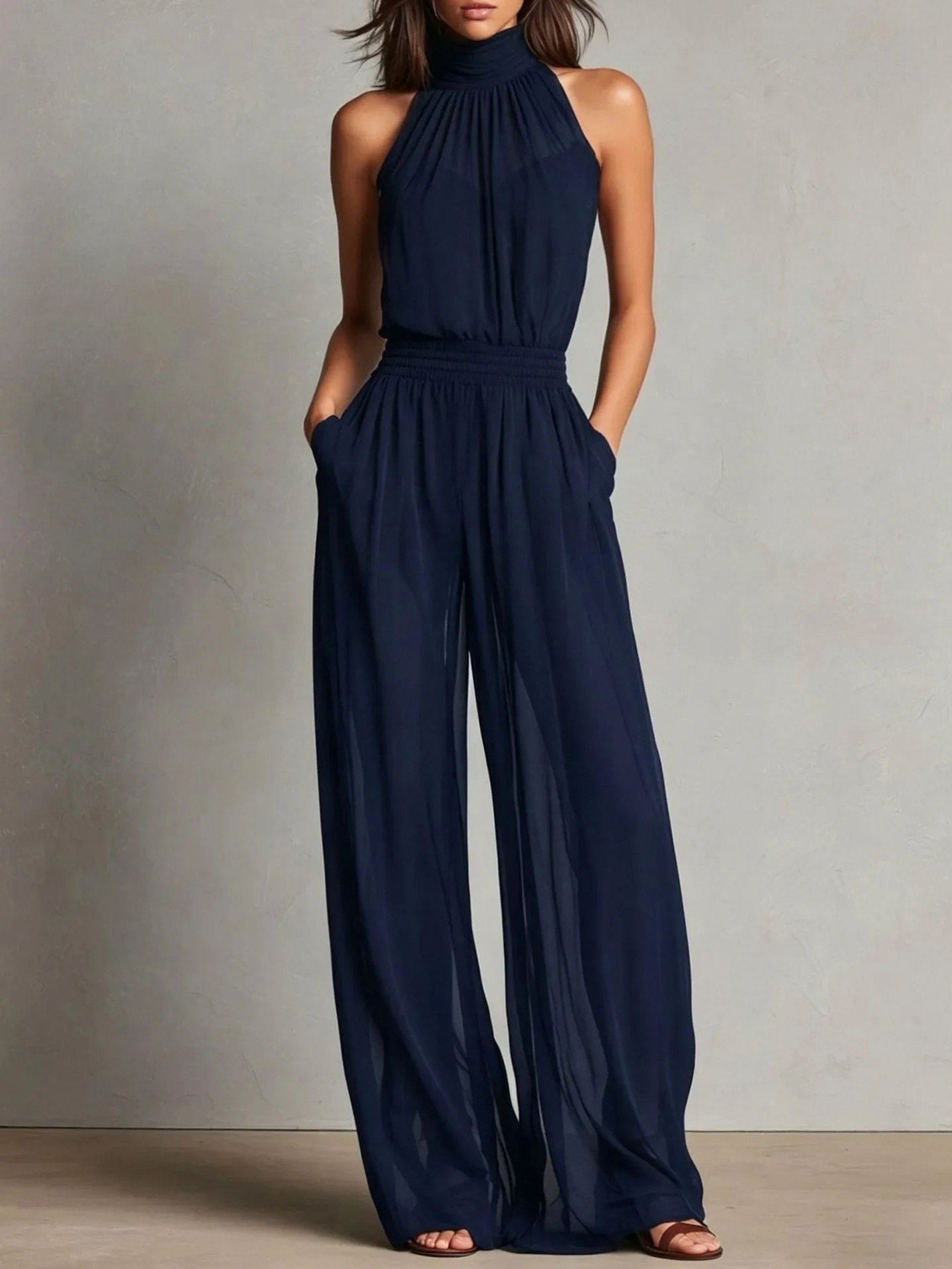 Chiffon Halter Wide Leg Jumpsuit
