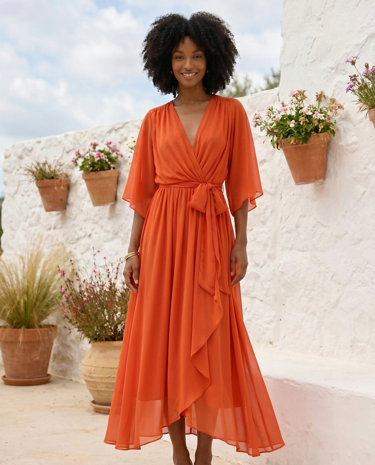 Chiffon 3/4 Kimono Sleeve Maxi Dress