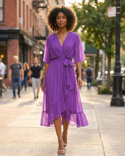 Chiffon 3/4 Kimono Sleeve Maxi Dress
