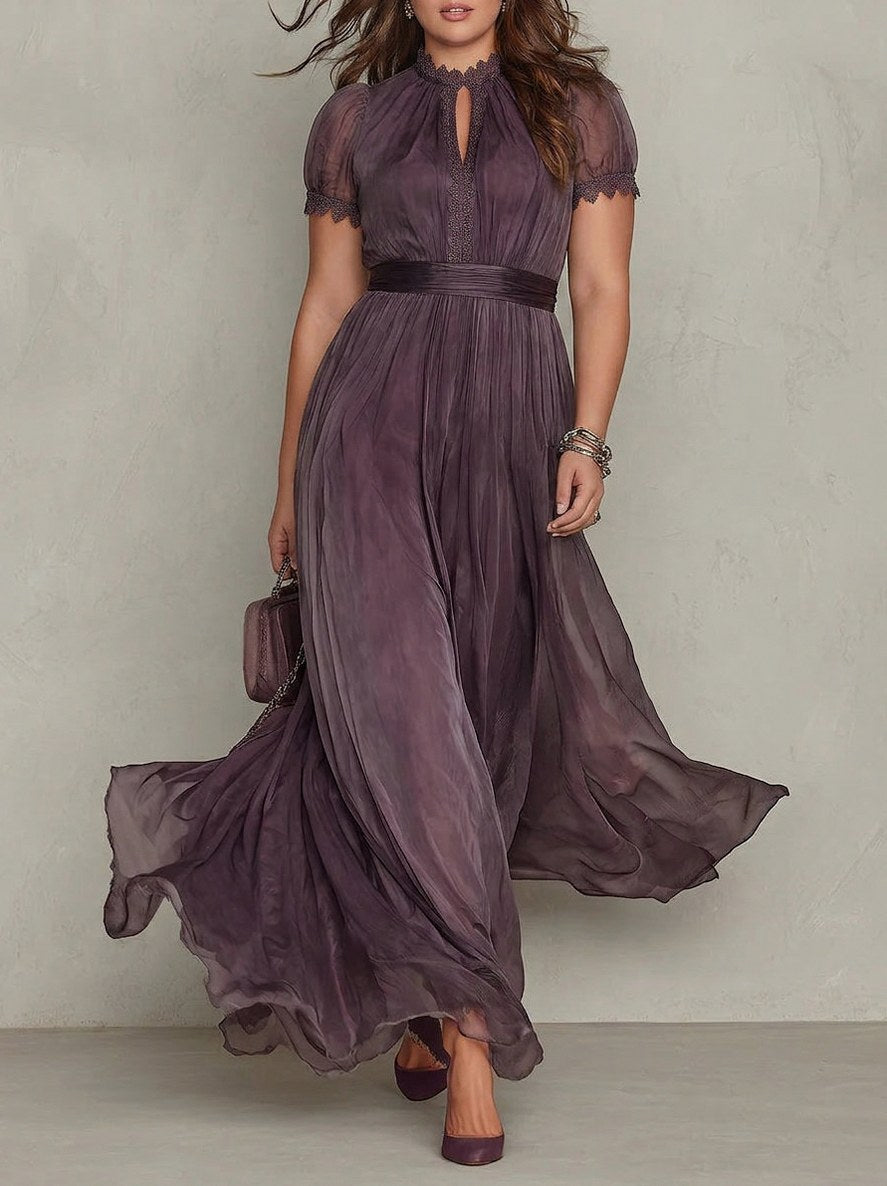 Chiffon Puff Sleeve Lace Trim Maxi Dress