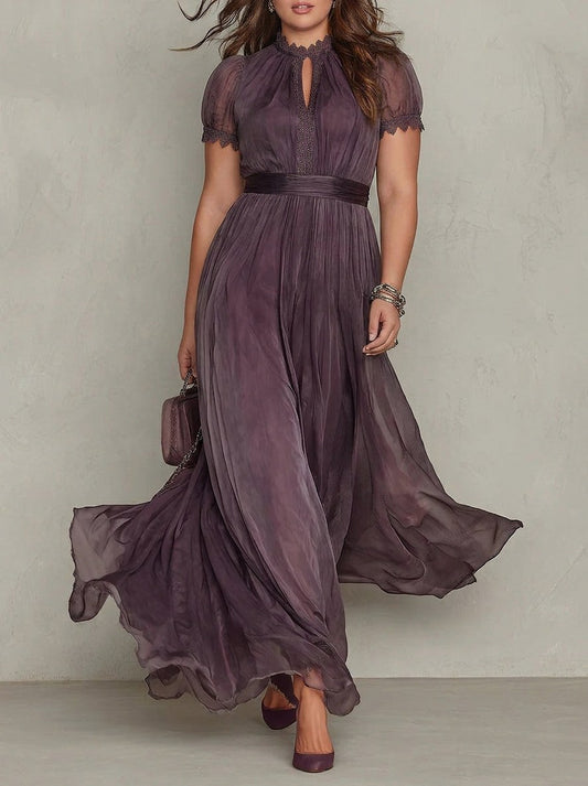 Chiffon Puff Sleeve Lace Trim Maxi Dress