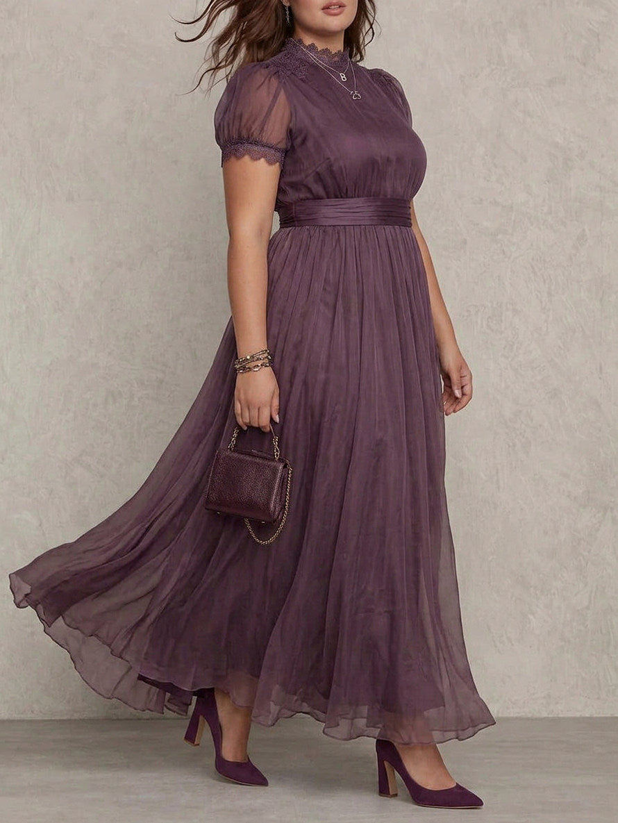 Chiffon Puff Sleeve Lace Trim Maxi Dress